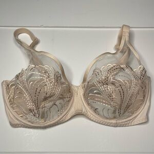 $135 Simone Perele 32DDD Saga Full Coverage Plunge Bra Embroidery Tan Cream Mesh